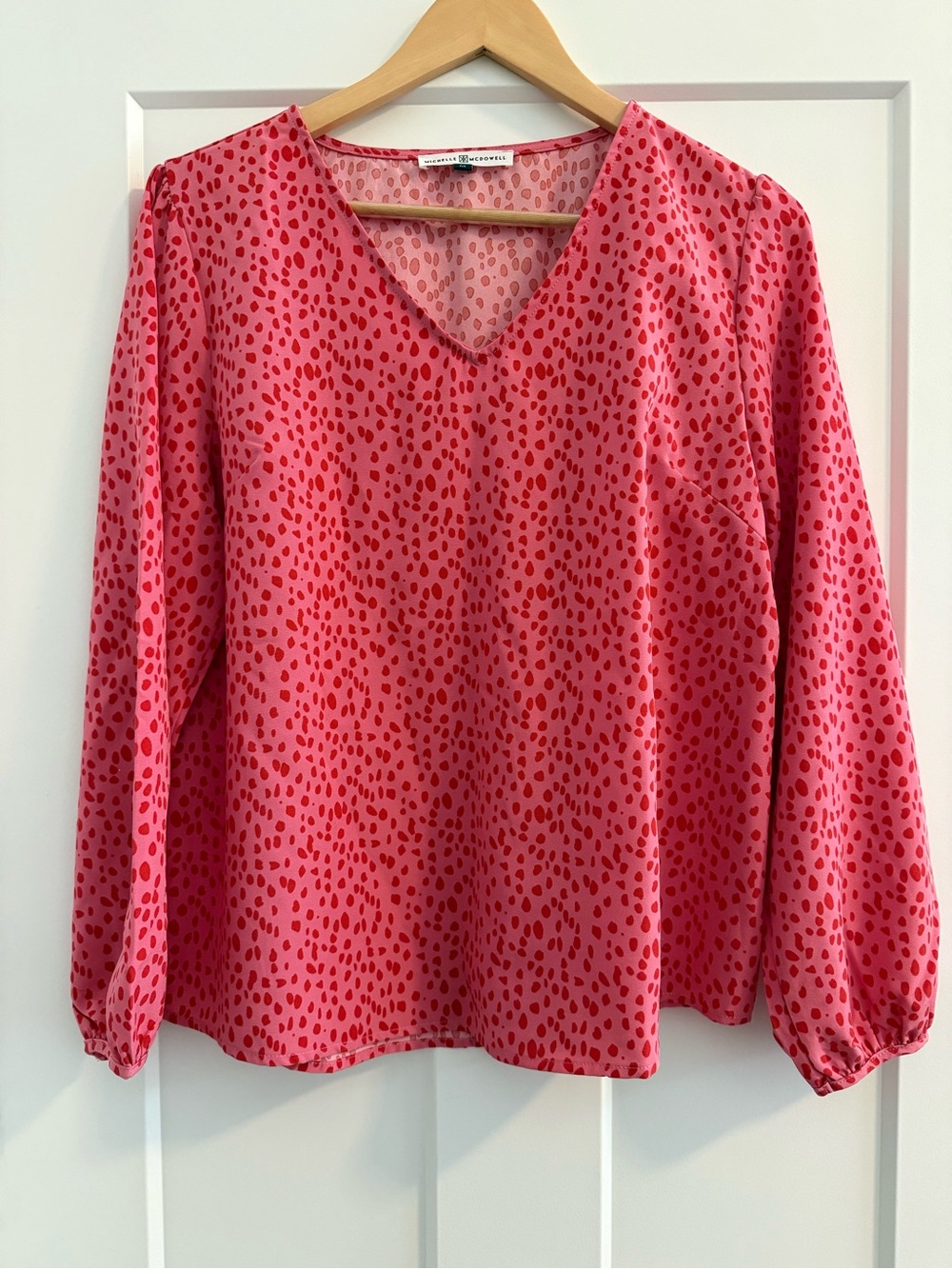 Michelle McDowell Vero Moda Pink V-Neck Blouse with Red Spot Print